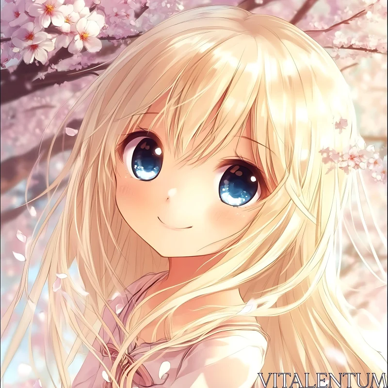 Blonde Anime Girl with Blue Eyes and Cherry Blossoms AI Image