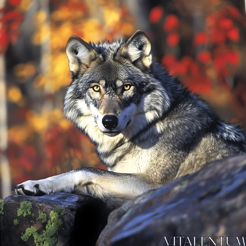 Grey Wolf Resting on Rocks AI Image