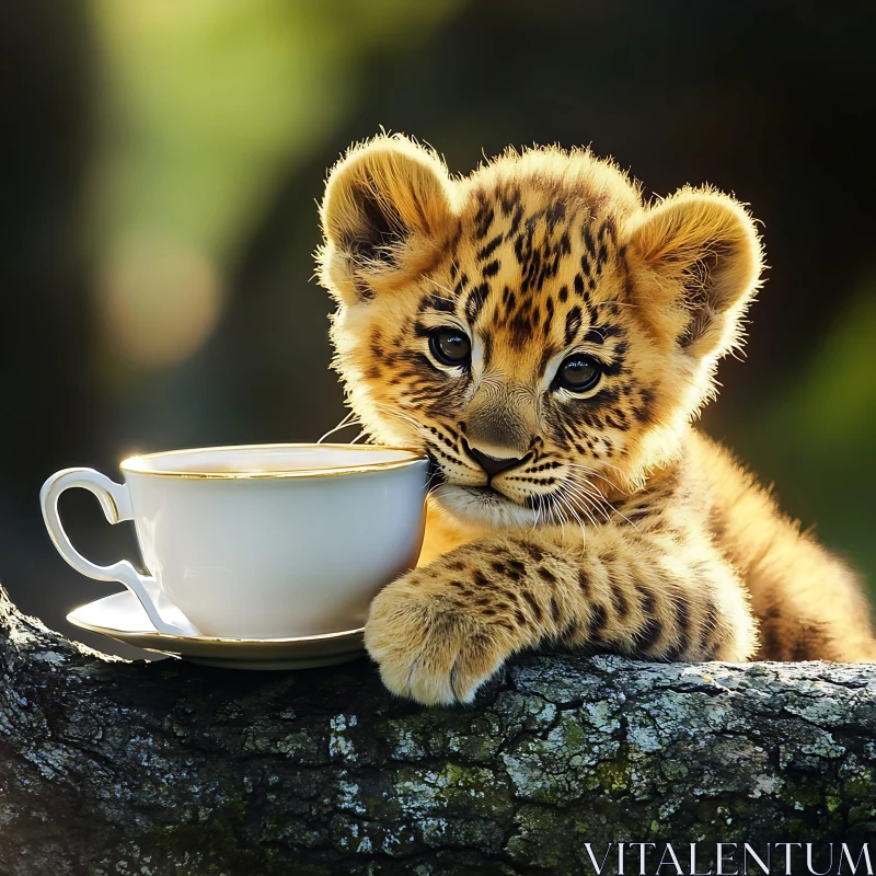 AI ART Lion Cub with Teacup on a Tree Branch