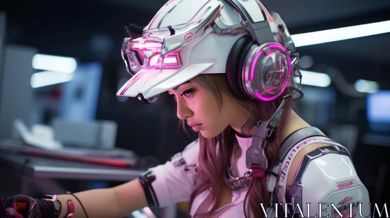 Futuristic Robotic Headset Artwork in Light Silver and Pink AI Image