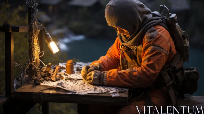Man in Orange Hood Crafting Jewelry amidst Woodland and Masonry AI Image