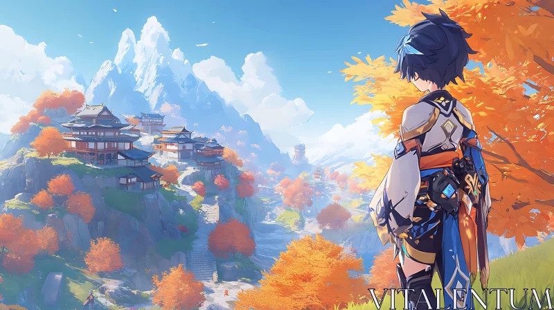 AI ART Anime Character gazing at Autumn Village and Mountain Landscape