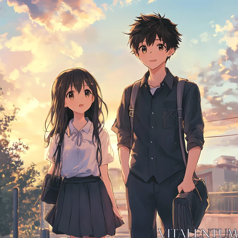 Evening Anime Scene with School Kids AI Image