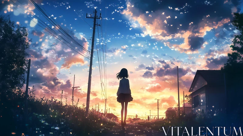 Girl Walking at Twilight in Anime Style AI Image