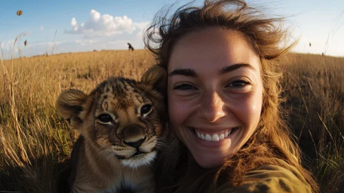 Lion Cub and Woman Friendship Portrait