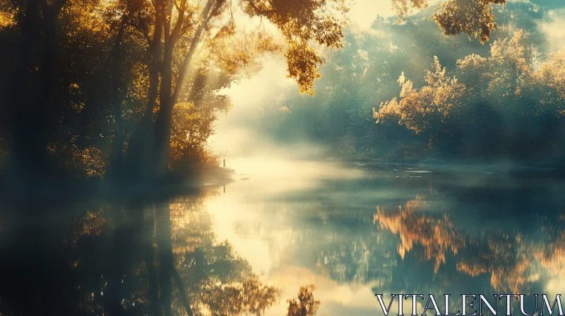 AI ART Misty River Reflecting Golden Trees at Dawn