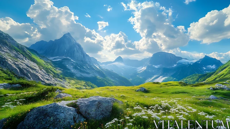 Scenic Mountain Landscape with Flowers AI Image