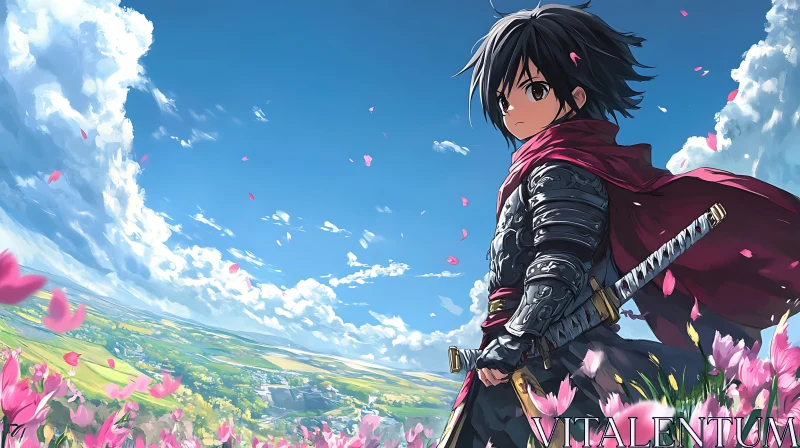 Anime Knight in Blossoming Petal Field AI Image