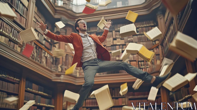 Library Man Surrounded by Flying Books AI Image