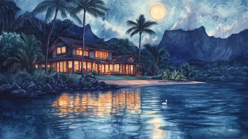 Peaceful Moonlit Cabin by the Lake