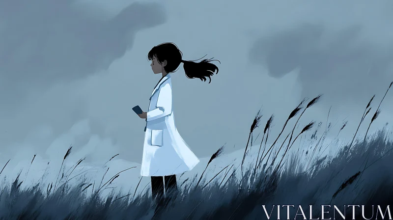 AI ART Pensive Female Figure in Grassy Landscape
