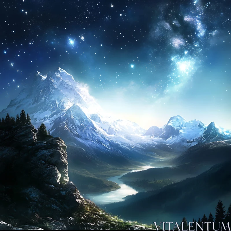 Celestial Mountain Night Landscape View AI Image