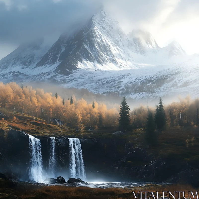 AI ART Scenic Waterfall in Snowy Mountain Scenery