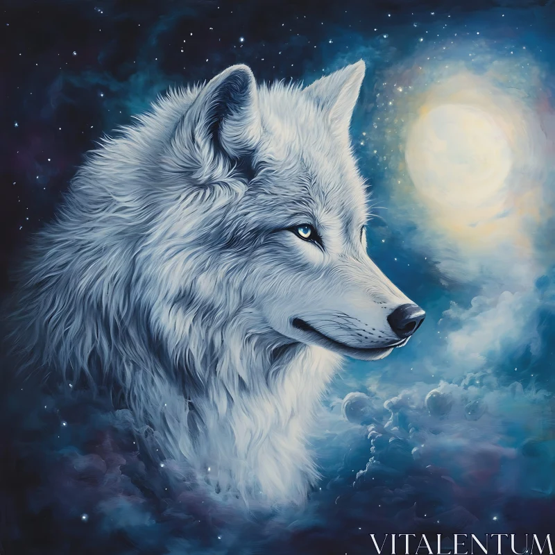 White Wolf Gazing at the Moon AI Image