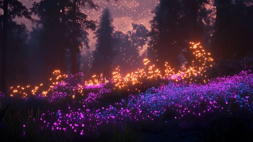 Magical Night in the Forest with Glowing Flowers