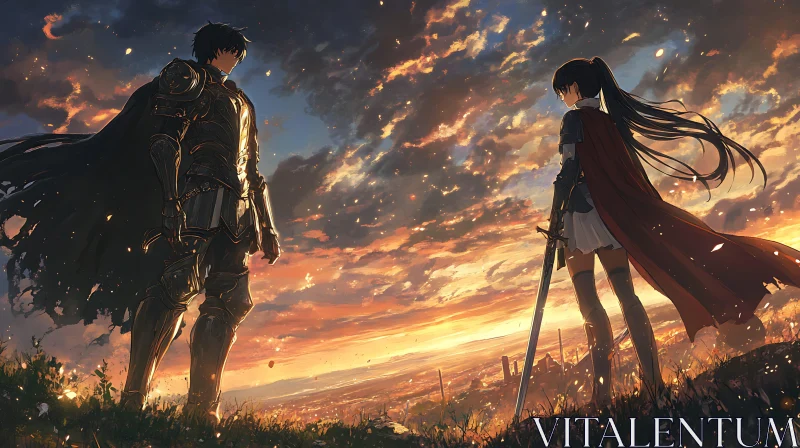 Warriors at Sunset in Anime Art AI Image