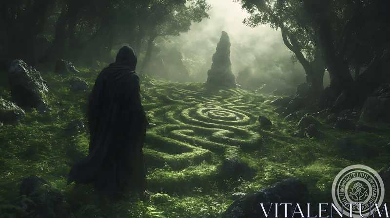 Hooded Figure at Forest's Edge AI Image