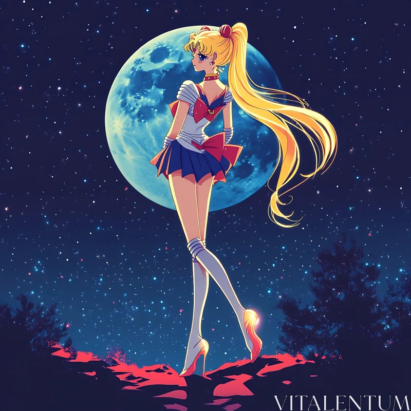 Sailor Heroine Against Night Sky AI Image