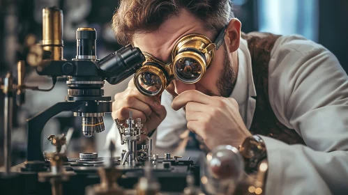 Man with Goggles Studying Under Microscope