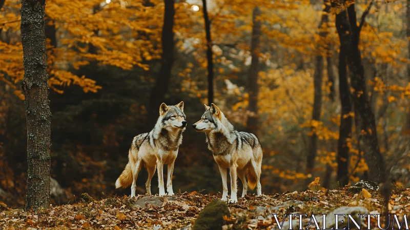 AI ART Pair of Wolves in Fall Woods