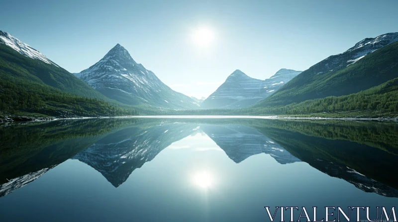 Serene Mountain Scene with Reflective Lake AI Image