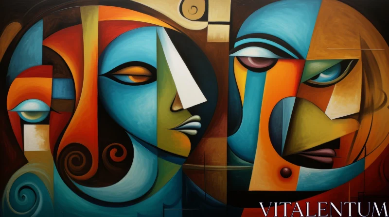 Abstract Neo-Cubism Painting of Two Serene Faces AI Image