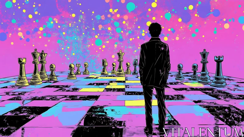 Contemplation on a Colorful Chessboard AI Image