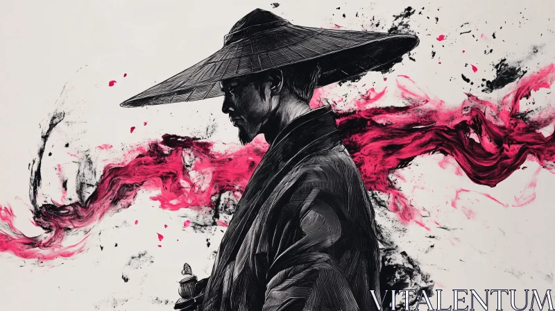 AI ART Contemplative Samurai Illustration with Red Ink Swirls