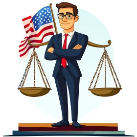 Cartoon Lawyer with Scales and Flag