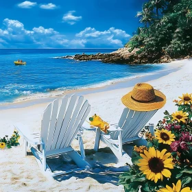 Tranquil Beach Chairs and Summer Flowers