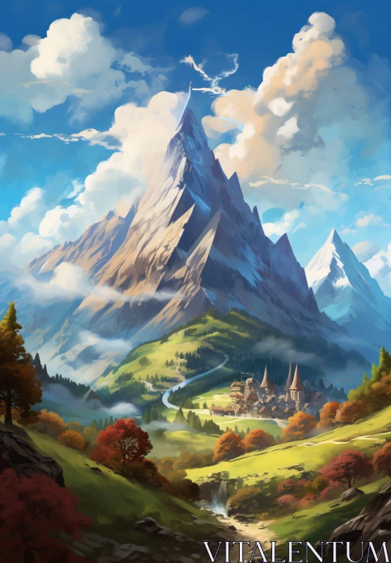 Autumnal Mountain Village Vista AI Image