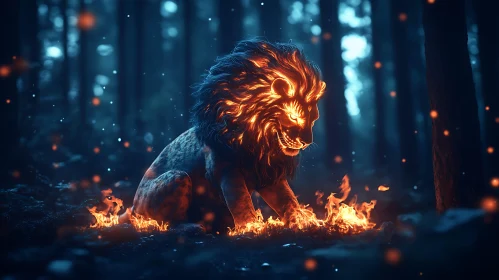 Glowing Lion in the Night Woods