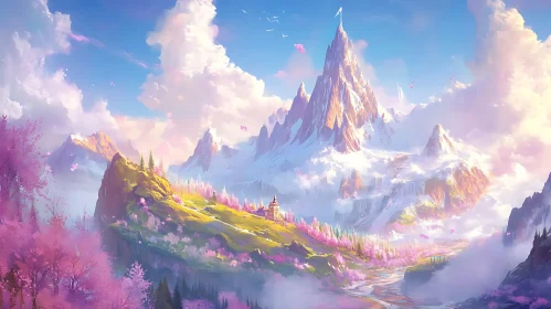 Pink Trees in a Mountainous Landscape