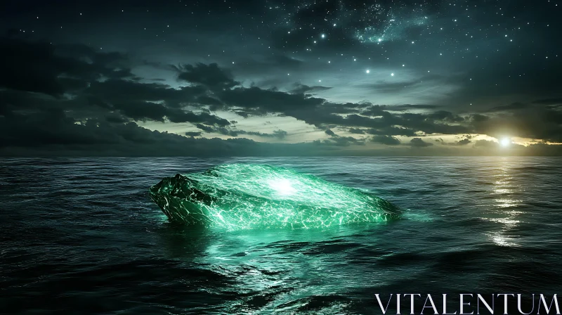 Glowing Rock on the Sea at Night AI Image