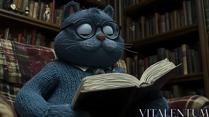 Scholarly Cat Reading in Cozy Library AI Image