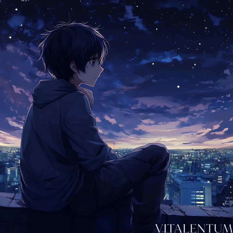 Contemplative Rooftop Scene in Anime Style AI Image