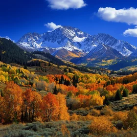 Snowy Peaks and Autumnal Forest View