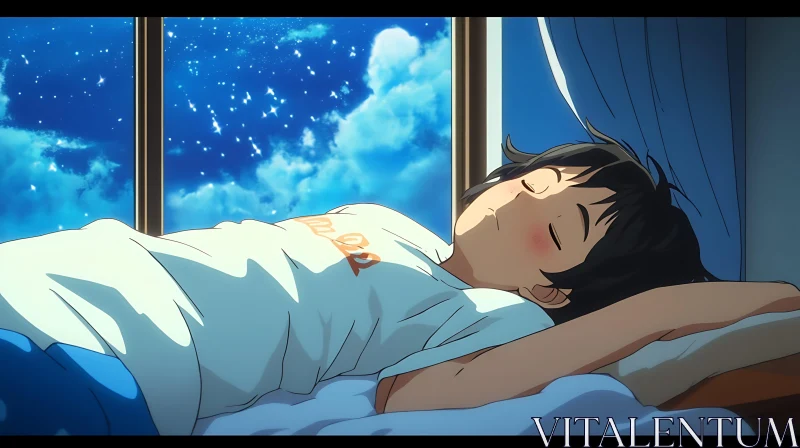 Serene Anime Night: Boy Sleeping Peacefully AI Image