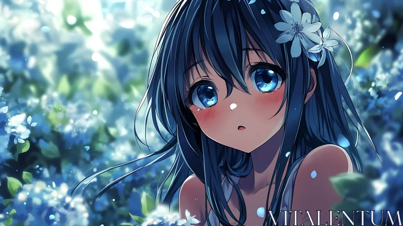 Anime Illustration of a Girl with Blue Hair and Flowers AI Image