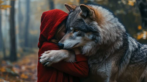 Girl and Wolf Embrace in Forest