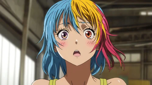 Surprised Anime Character with Colorful Hair