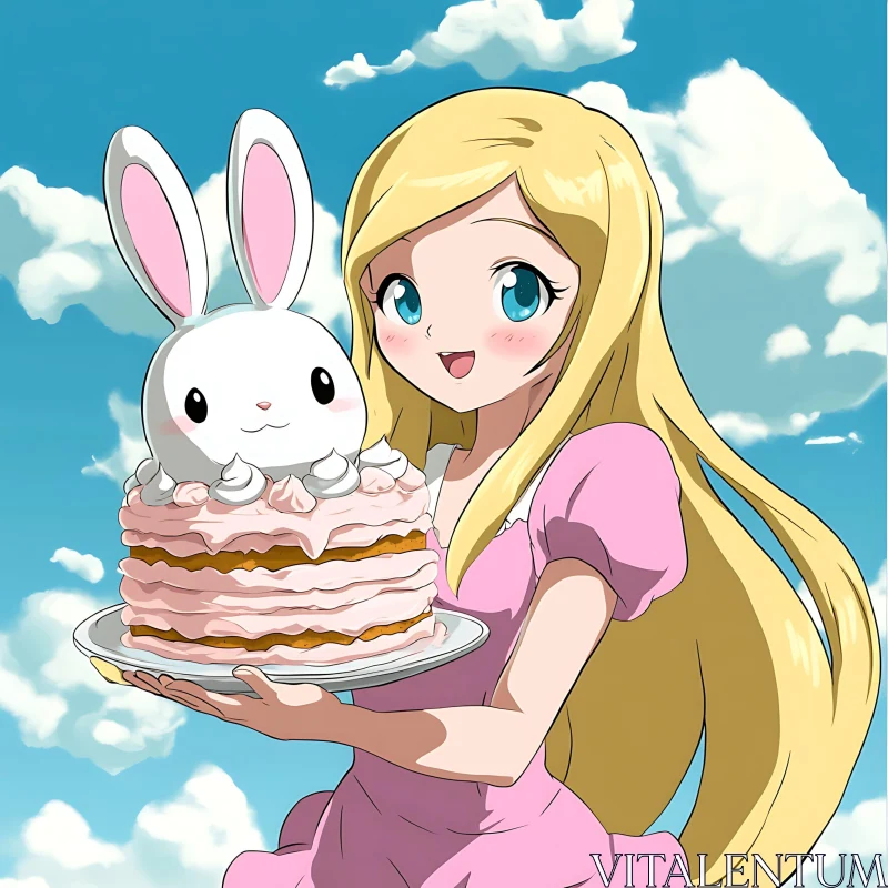 Anime Girl with Bunny Cake in Pink Dress AI Image