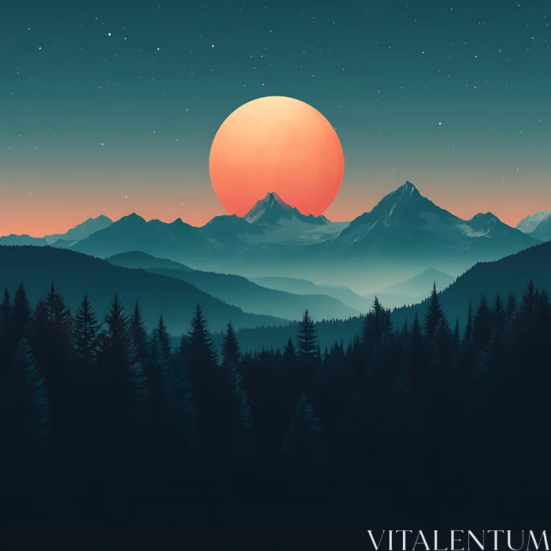 AI ART Mountain Sunset Forest Landscape