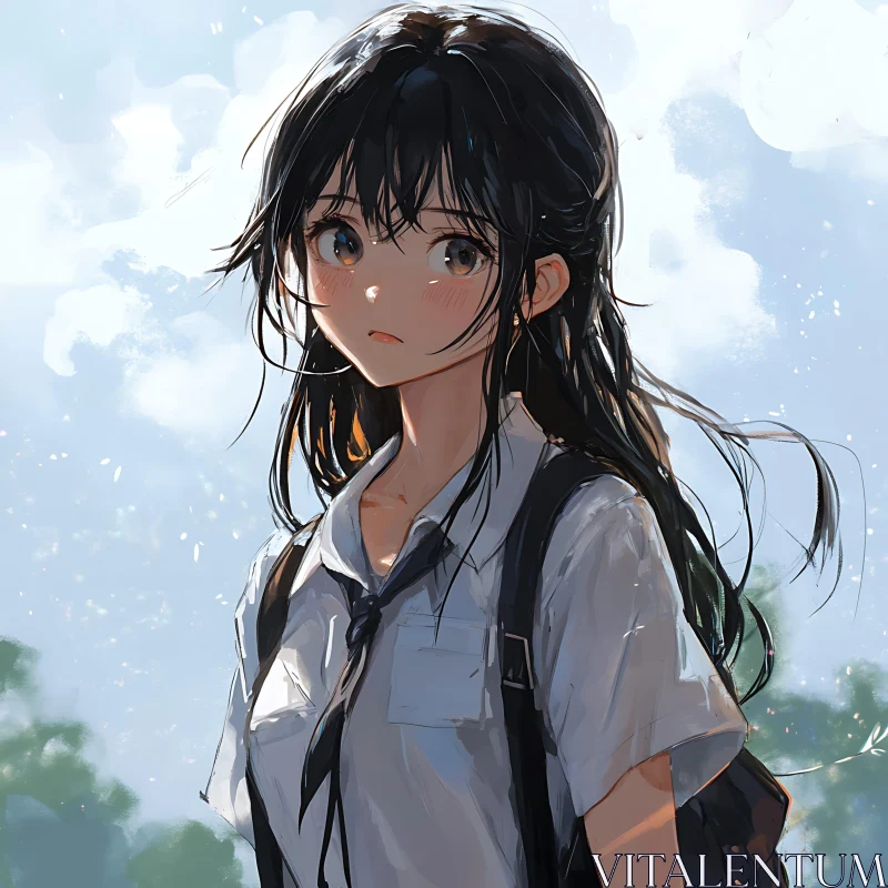 Anime Girl in School Uniform Outdoors AI Image