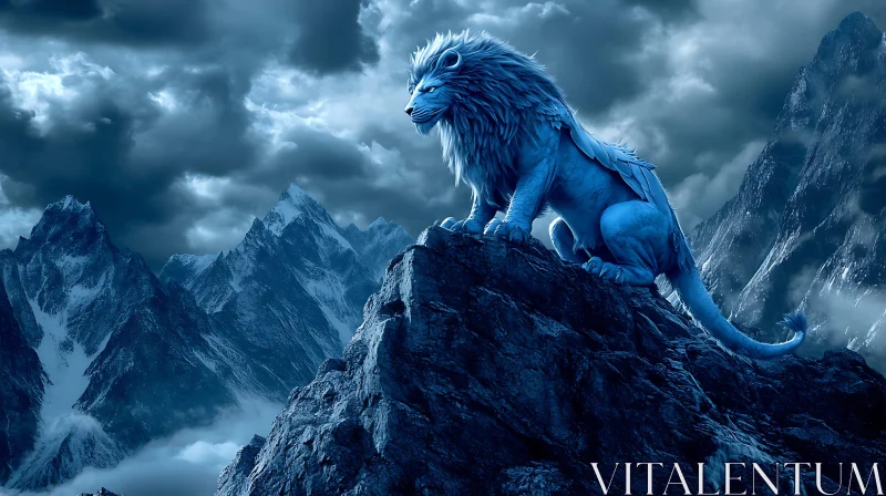 Lion on Mountain Peak AI Image