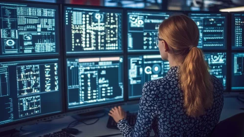 Woman Analyzing Data on Computer Screens