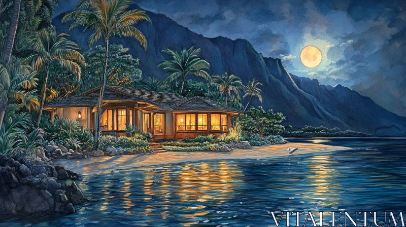 Moonlit Tropical Paradise Calm Beach House AI Image