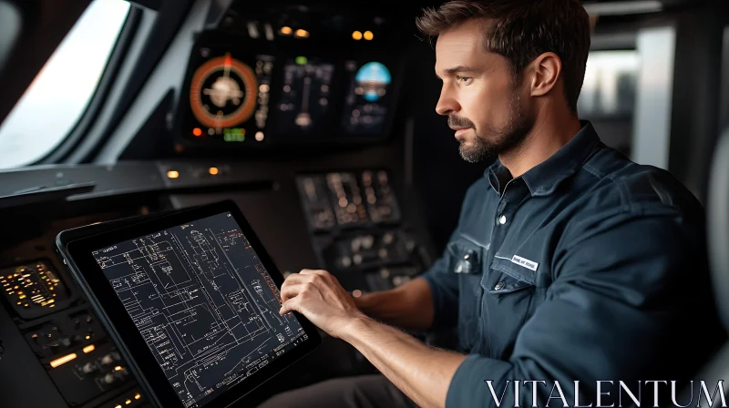 Aircraft Pilot Using Digital Cockpit Interface AI Image