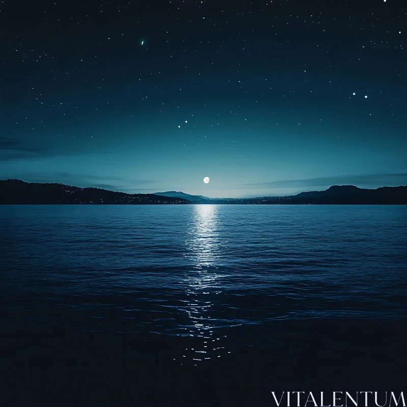 Tranquil Night Seascape with Moon Reflection AI Image