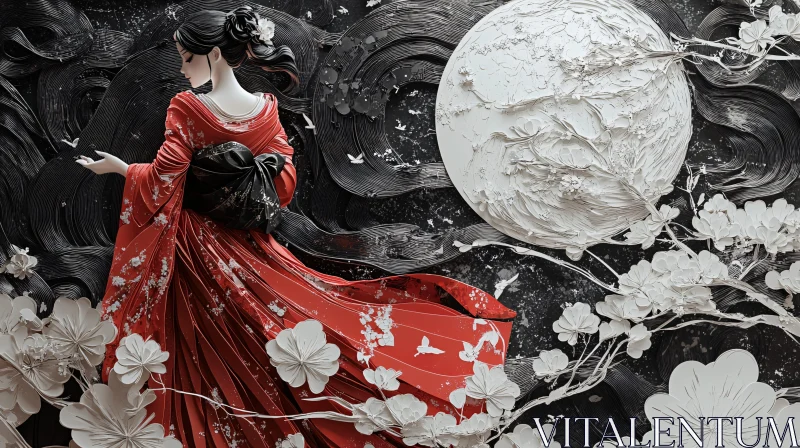 AI ART Geisha in Moonlit Night with Blossoms